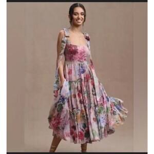 Geisha Designs Anthropologie Dress Womens 12 Multicolor Floral Tiered Midi Boho